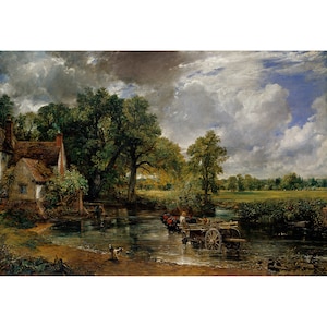May include: A painting of a rural landscape with a cottage, trees, and a river. A horse-drawn cart is crossing the river, with people in the cart. The sky is cloudy and dramatic.
