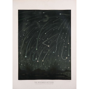 May include: A vintage illustration depicting a night sky filled with shooting stars, known as the November Meteors. The illustration is in a dark green and black color scheme with a few white stars and a faint crescent moon. The text "THE NOVEMBER METEORS" is at the bottom of the image.