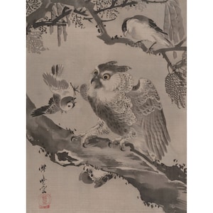 Kawanabe Kyosai : Owl Mocked by Small Birds (c. 1887) - Giclee Fine Art Print