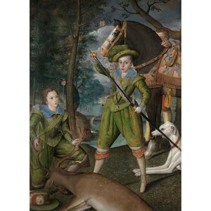 May include: An antique painting depicts two figures in green and blue attire, one holding a spear, with a horse and dog in the background. The scene is set in a forest with a deer in the foreground, showcasing a historical hunting theme.