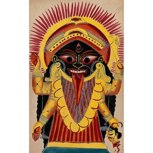 Kalighat Painting: Kali Holding a Demon&#39;s Head - Giclee Fine Art Print