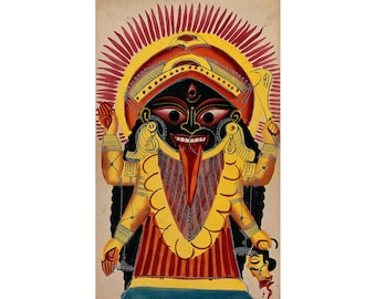 May include: A colorful painting depicting a Hindu deity with multiple arms, a large tongue, and a fierce expression. The deity is surrounded by a halo of red and yellow rays.