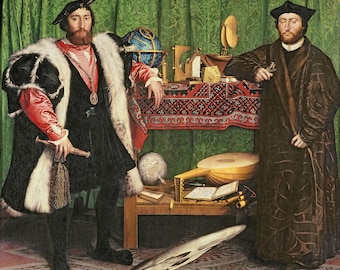 May include: A painting of two men standing in front of a table with various objects, including a globe, a lute, and a book. The man on the left is wearing a black and red outfit with a fur collar, while the man on the right is wearing a brown robe. The background is a green curtain.