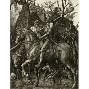 May include: A black and white engraving of a knight on horseback riding through a forest. The knight is wearing armor and holding a spear. There are two demonic figures in the background, one with a goat's head and the other with a dog's head.