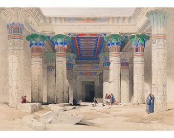 May include: A watercolor painting depicting the interior of an ancient Egyptian temple. The temple is decorated with colorful hieroglyphics and intricate carvings. The ceiling is painted blue with gold stars. The temple is lit by sunlight streaming through the doorway.