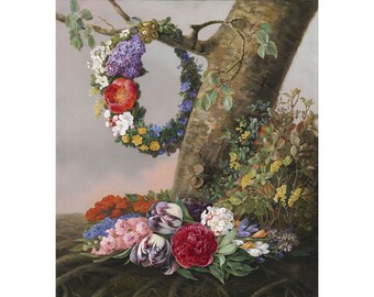 Christine Lovmand : A Bouquet of Flowers at the Foot of a Tree. On a Branch Hangs a Wreath of Flowers (1832) - Giclee Fine Art Print