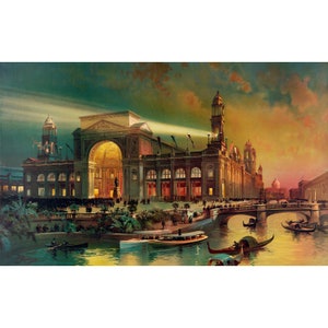 Puede incluir: Una pintura que representa un gran edificio con un arco grandioso, iluminado por focos. El edificio está situado a lo largo de un canal con góndolas y puentes. La escena se desarrolla de noche con un cielo cálido y dorado.