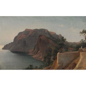 Op de afbeelding: Een schilderij dat een rotsachtige kustlijn met een dorp in de verte toont. De scène is geschilderd in een realistische stijl met de nadruk op de natuurlijke schoonheid van het landschap.