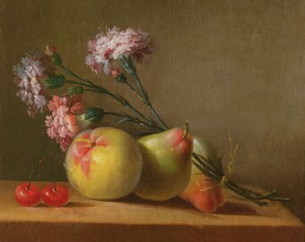 Anne Vallayer-Coster : Carnations, Pears, Cherries and an Apple on a Table - Giclee Fine Art Print