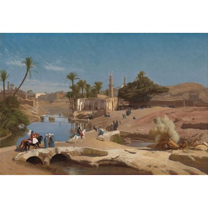 Puede incluir: Una pintura que representa un paisaje desértico con un puente sobre un río, palmeras y una mezquita en el fondo. La gente camina y monta a caballo por el puente.