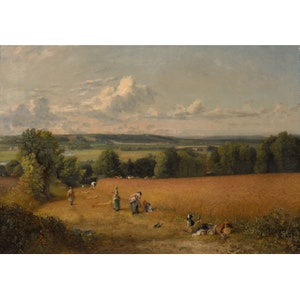May include: A painting depicting a rural landscape with a field of wheat in the foreground.  Several figures are harvesting the wheat, while others are resting in the field.  A path leads to the field from a wooded area in the background.  The sky is a pale blue with fluffy white clouds.