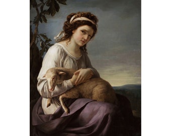 Nanine Vallain : Portrait of a Young Woman Holding a Lamb (1788) - Giclee Fine Art Print