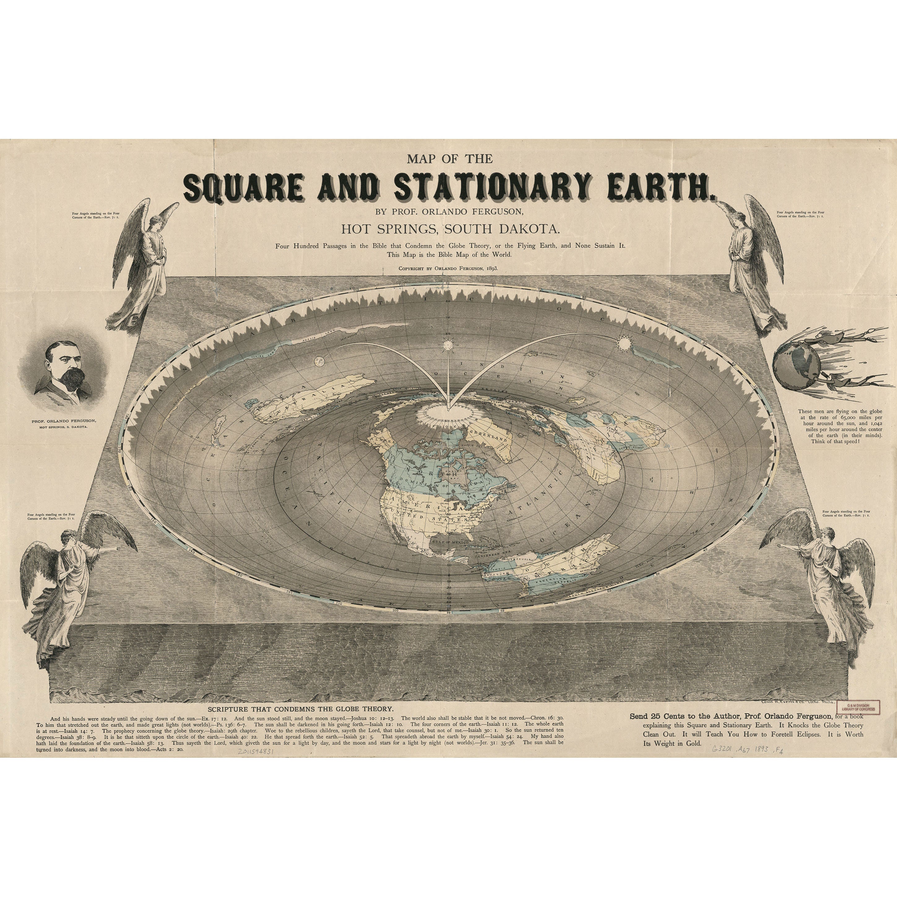 Orlando Ferguson : Map of the Square and Stationary Earth (1893) - Giclee Fine Art Print