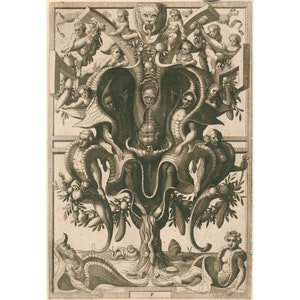 Peut inclure: Une gravure en noir et blanc représentant un arbre fantastique avec des figures humaines et des motifs animaliers. L'arbre est orné de fruits et de feuilles, et les figures sont disposées de manière symétrique.