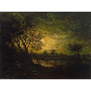 May include: A painting of a dark, wooded landscape with a lake in the foreground. The sky is a muted yellow and green, with a few clouds. There are trees on both sides of the lake, and the water is calm and reflective.