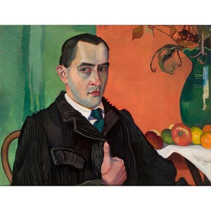 May include: A portrait painting of a man wearing a dark jacket and a green tie. The background is a split green and orange color. There is a vase with fruit on a table in the background.