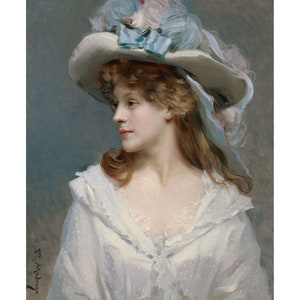 May include: A portrait painting of a woman wearing a white dress and a large, white hat with blue and pink accents. The woman has long, light brown hair and is looking to the side.