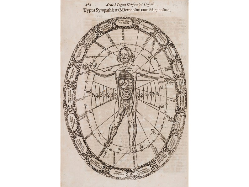 Athanasius Kircher : Typus Sympathicus Microcosmi cum Migacosmo Musurgia Universalis, 1650 Giclee Fine Art Print image 1