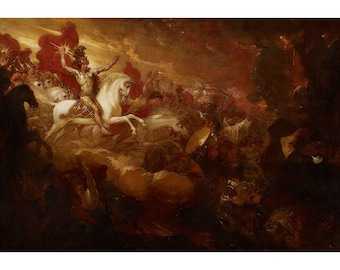 May include: A painting depicting a scene of a battle in the sky. A figure on a white horse leads a group of riders, holding a red flag. The sky is filled with clouds and light, while the lower part of the painting shows a dark, chaotic scene with figures and animals.