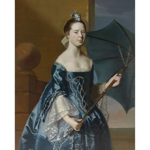 May include: A woman in a blue dress with a white lace collar and cuffs stands holding a blue parasol. She is wearing a pearl and flower hair ornament. The background is a muted brown and blue.