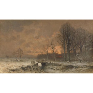 Louis Apol : Winter Scene with Sun Setting Behind Trees (c. 1880-1930) - Giclee Fine Art Print