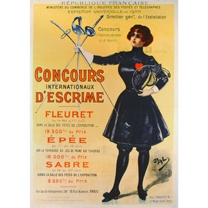 Peut inclure: Une affiche vintage annonçant des concours internationaux d'escrime à Paris, France. L'affiche représente une femme en robe noire tenant une épée d'escrime et un bouclier en forme de cœur. Le texte indique "Concours Internationaux d'Escrime" et liste les dates et les prix des compétitions.