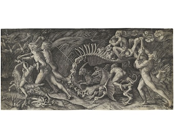 May include: A black and white engraving depicting a scene of chaos and violence.  A skeletal dragon lies on the ground, surrounded by figures fighting and fleeing.  One figure sits atop the dragon's skull, holding a cup.