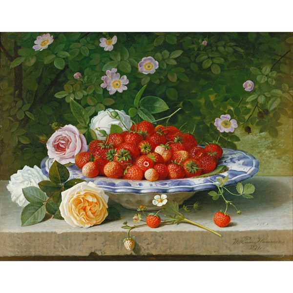 William Hammer : Strawberries in a Blue and White Buckelteller with Roses and Sweet Briar on a Ledge (1871) - Giclee Fine Art Print