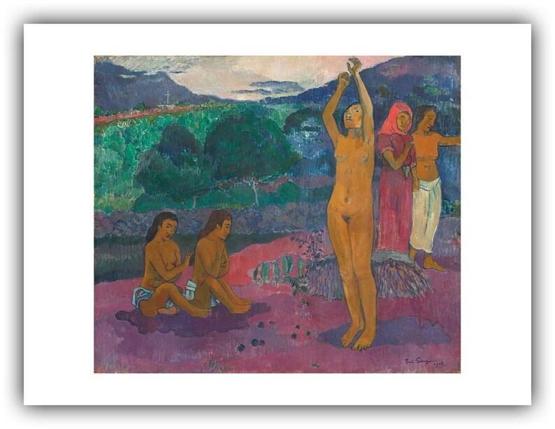 May include: A painting depicting five figures in a landscape setting. The figures are nude and appear to be women. The background is a lush green forest with a distant mountain range. The painting is done in a vibrant, impressionistic style with bold colors and brushstrokes.