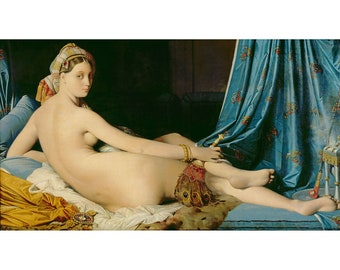 May include: A painting of a woman reclining on a bed, wearing a turban and a gold bracelet. She is holding a pipe in her hand. The bed is covered in a blue and gold fabric. The background is a dark brown.
