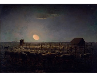 ジャン＝フランソワ・ミレー：羊小屋、月光（1860年） - ジクレー版画