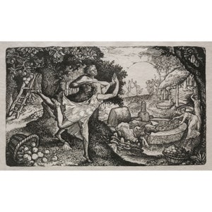 Könnte beinhalten: Ein Schwarz-Weiß-Holzschnitt, der eine Szene von Menschen zeigt, die in einer ländlichen Umgebung arbeiten und tanzen. Eine Frau in einem langen Kleid tanzt mit einem Mann, während andere an einer Mühle arbeiten und Früchte sammeln.