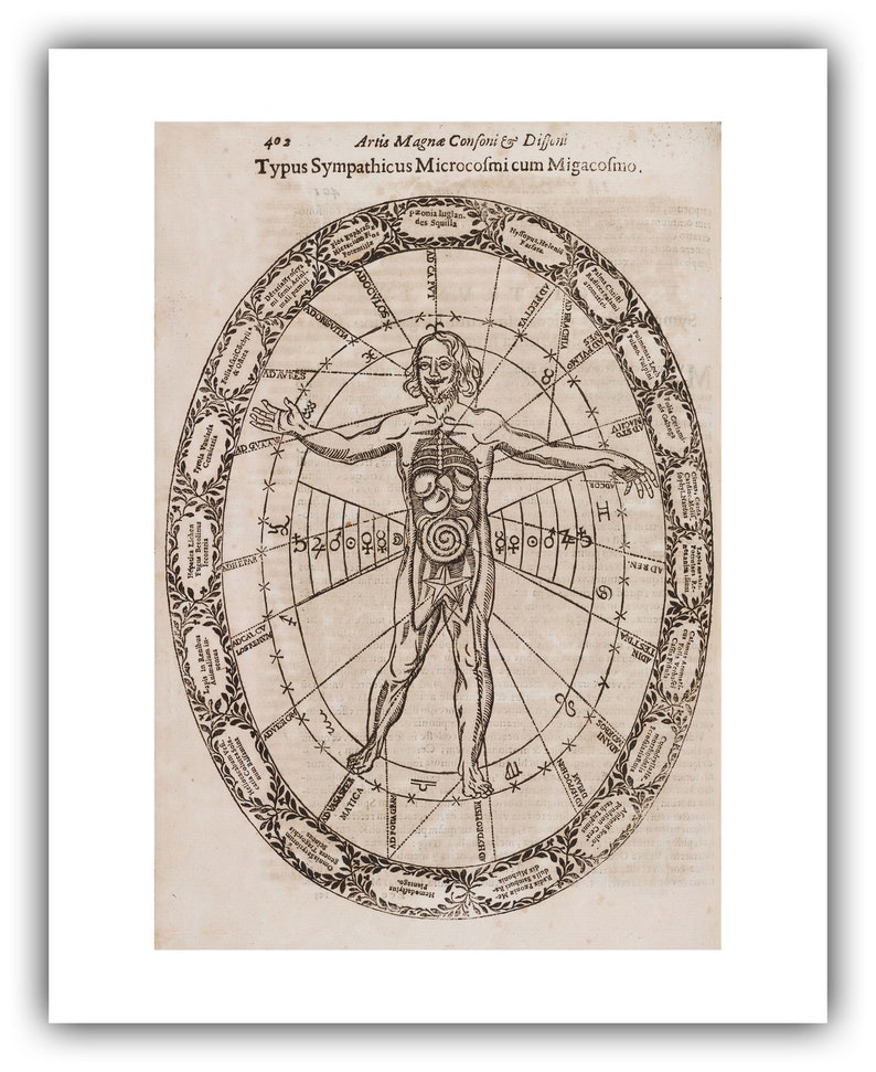 Athanasius Kircher : Typus Sympathicus Microcosmi cum Migacosmo Musurgia Universalis, 1650 Giclee Fine Art Print 16 x 20 inches