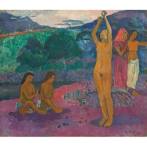 May include: A painting depicting four figures in a landscape setting. The figures are nude and clothed in various colors. The background features a lush green forest and a distant mountain range. The painting is done in a vibrant, impressionistic style.