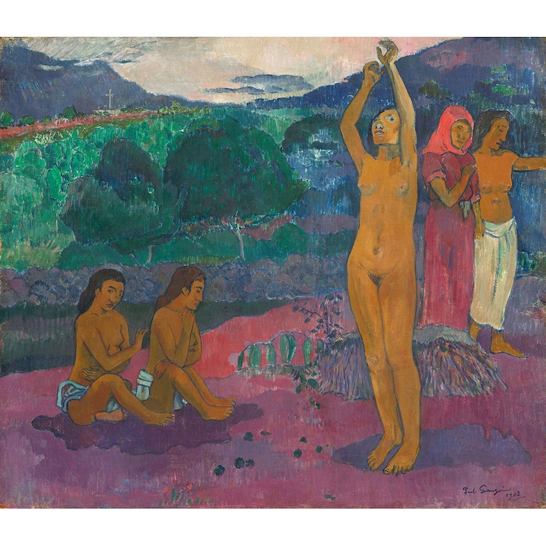 May include: A painting depicting four figures in a landscape setting. The figures are nude and clothed in various colors. The background features a lush green forest and a distant mountain range. The painting is done in a vibrant, impressionistic style.
