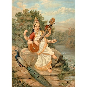 Ravi Varma : Sarasvati with Her Sitar and Peacock (1800s) - Giclee Fine Art Print