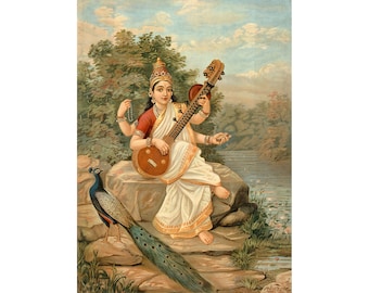 Ravi Varma : Sarasvati met haar Sitar en Pauw (jaren 1800) - Giclee Fine Art Print