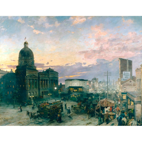 Theodor Groll : Washington Street, Indianapolis at Dusk (1892-1895) - Giclee Fine Art Print