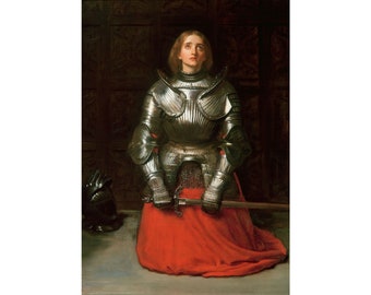 May include: A painting of a person in full silver armor kneeling in prayer. The person wears a red dress and has long, light brown hair. A sword and helmet are visible. The background is a dark wooden panel.
