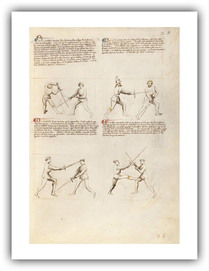 Fiore dei Liberi : Combat with Sword / Fencing Fol. 26 The Flower of Battle, c.1410 Giclee Fine Art Print 12 x 16 inches