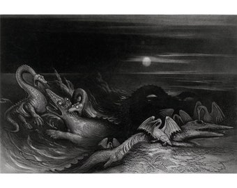 Puede incluir: Una ilustración en blanco y negro de una escena prehistórica con varias criaturas reptilianas grandes en un mar tormentoso. Las criaturas se representan con dientes y garras afiladas, y la escena se desarrolla en un cielo oscuro y tormentoso.