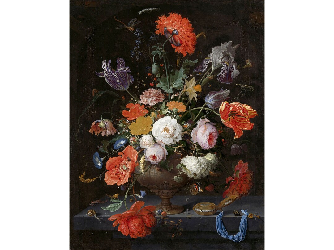 アブラハム・ミニョン：花と時計のある静物画（1660年頃 - 1679年頃