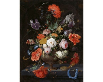 Abraham Mignon : Nature morte aux fleurs et à la montre (c. 1660 - c. 1679) - Giclée Fine Art Print