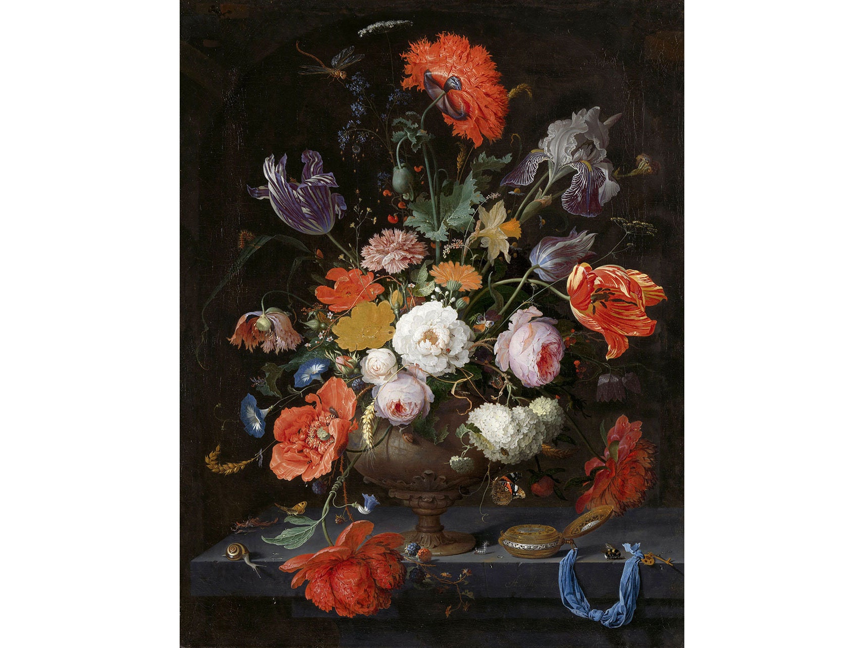 アブラハム・ミニョン：花と時計のある静物画（1660年頃 - 1679年頃