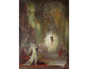 May include: A painting depicting a woman in a flowing white gown, with a crown on her head, reaching out to a glowing figure with a crown of thorns. The background is a dark, ornate room with columns and arches.