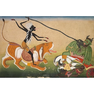 Può includere: Un'illustrazione colorata che raffigura un demone che cavalca una tigre, brandendo una frusta e attaccando un carro trainato da due cavalli bianchi. Il carro è guidato da un altro demone con più braccia.