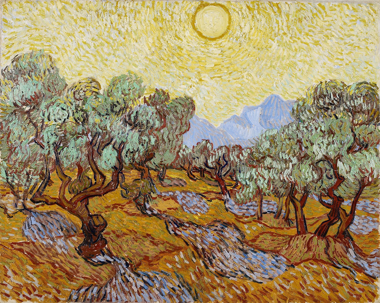 【F50号】sunday park サンデーパーク原画 oil painting Vincent Van Gogh : Olive Trees With Yellow Sky and Sun (1889