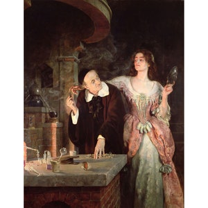 May include: A painting depicting a man in a dark robe and a woman in a pink and white dress. The man is holding a small object in his hand and the woman is holding a mirror. The painting is set in a room with a fireplace and a table with various objects on it.