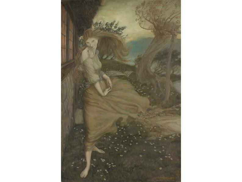 K&ouml;nnte beinhalten: Sepiafarbene Malerei einer Frau in einem flie&szlig;enden Kleid, die sich in der N&auml;he eines Fensters aufh&auml;lt. Ihr langes Haar weht im Wind. Der Hintergrund zeigt einen Baum, Blumen und einen bew&ouml;lkten Himmel, was eine romantische Atmosph&auml;re schafft.