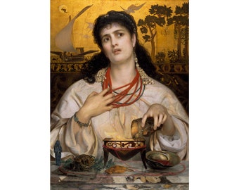 May include: A woman with dark hair and a red necklace pours liquid from a golden vessel into a small, ornate bowl. The bowl sits on a table with a frog, a shell, and other objects. The background is a gold-leaf painting with a sailboat and trees.